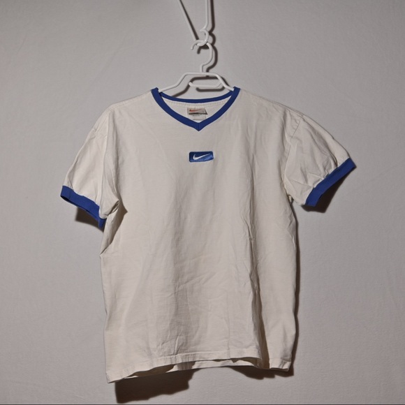 Vintage Nike 90s tee shirt white v-neck blue trim - Picture 2 of 3
